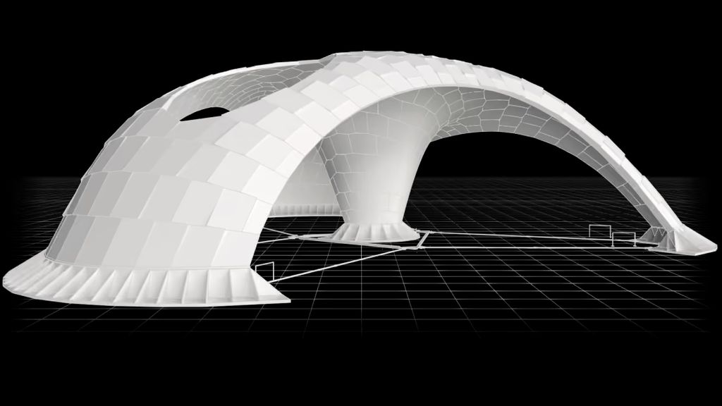 Rendered model of a segmented shell vault standing on a ground grid