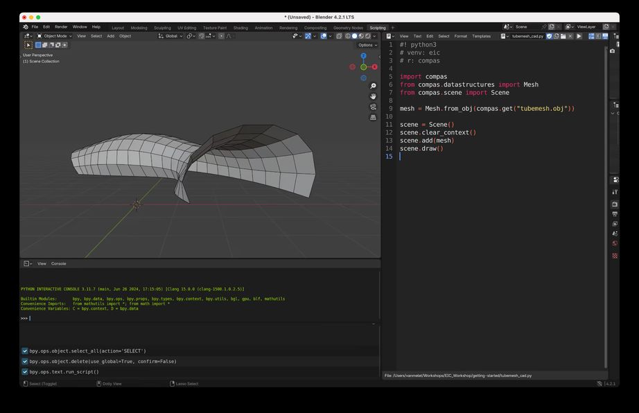 Blender with a COMPAS script in the text editor that loads a mesh and draws it in the 3D viewport